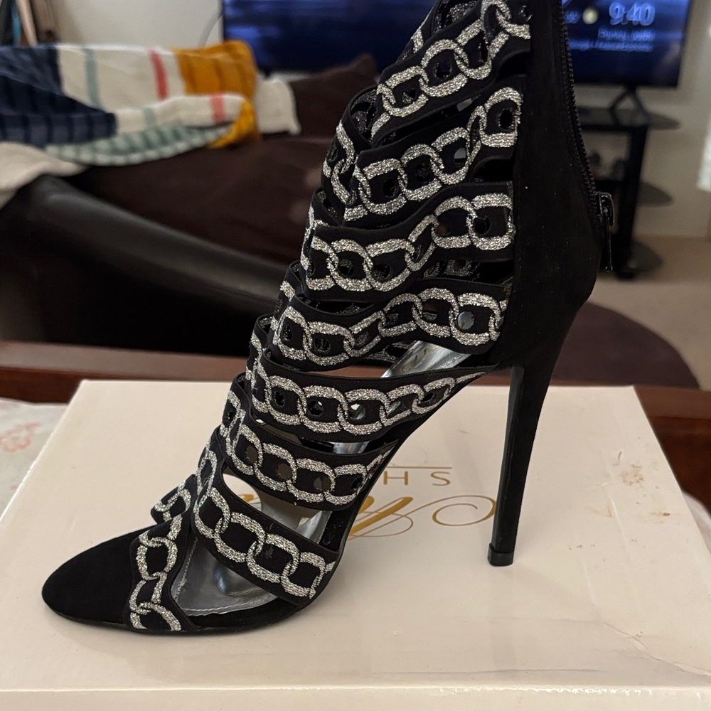 Liliana Black and Silver Chain Heels